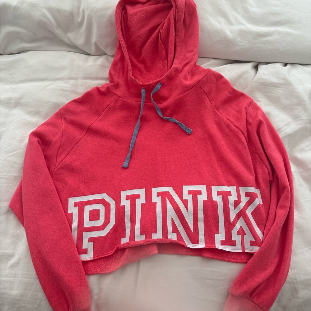 PINK Victoria's Secret Women's Hot Pink Cropped Hoodie Sweater